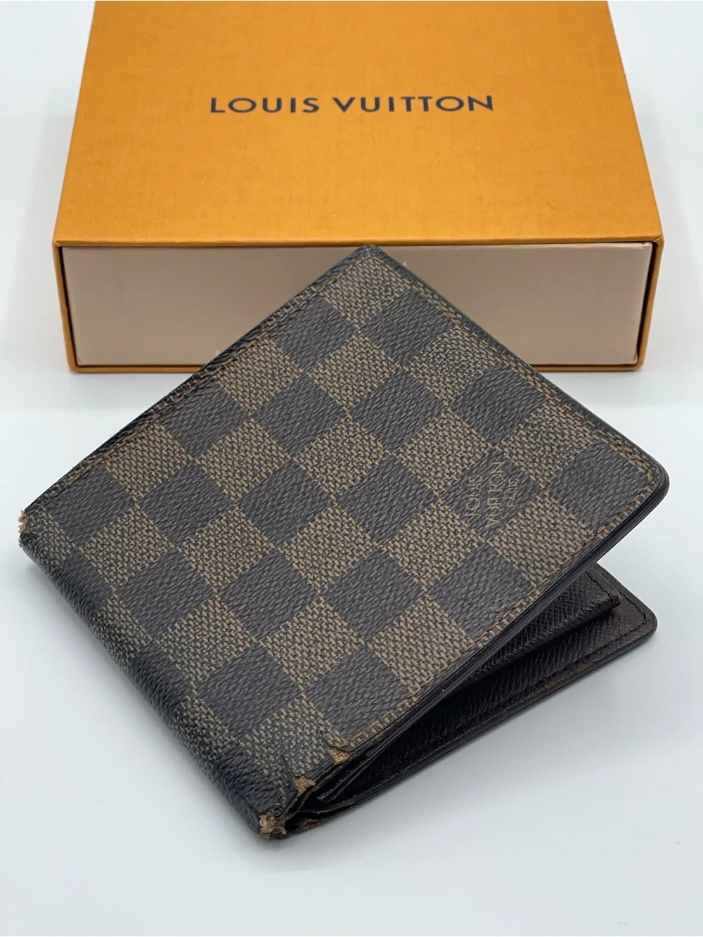 Louis Vuitton Damier Ebene Men’s Marco Bifold Wallet Hot Stamped Used LV